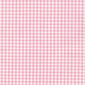 May include: A fabric featuring a classic gingham pattern with a repeating grid of small, light pink squares alternating with white squares. The textile displays a consistent, woven texture throughout the entire surface of the material.