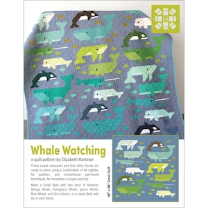 May include: A blue quilt featuring various whale designs in shades of green, teal, and white. The quilt includes the text "Whale Watching" and the dimensions of a small quilt, 48" x 48".