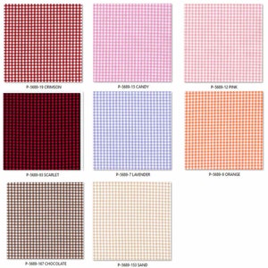 May include: A collection of eight square fabric swatches featuring a classic gingham check pattern in various colors including crimson, candy, pink, scarlet, lavender, orange, chocolate, and sand, each labeled with its specific color name and code.