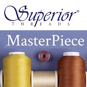 May include: Three spools of thread, one yellow, one beige, and one brown, with the brand name "Superior Threads" and the text "MasterPiece" above them.