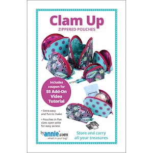 May include: An advertisement for "Clam Up" zippered pouches. The image displays several open and closed pouches in various sizes, showcasing a teal and pink color scheme with floral patterns. The text includes a coupon offer and website information.