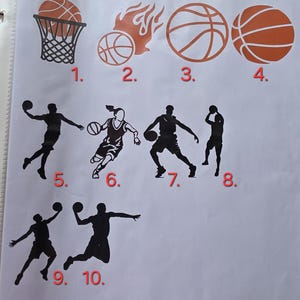 May include: A collection of basketball-themed graphics. The image includes illustrations of basketballs, a basketball hoop, and silhouettes of basketball players in action. The graphics are in shades of orange and black, suitable for sports-related designs.