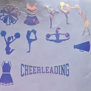 May include: A collection of holographic stickers featuring cheerleading-themed designs. Includes silhouettes of cheerleaders in various poses, a megaphone, a pom-pom, and a cheerleading uniform. The word "CHEERLEADING" is also displayed.