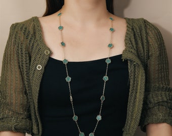Long clover necklace,four leaf clover necklace,lucky clover leaf necklace,sweater chain necklace,18k multiclover charm gift for her