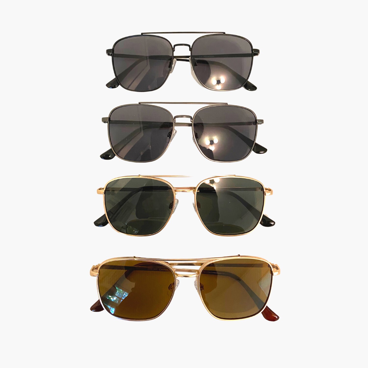 Y2K Vintage Brown Square Aviator Sunglasses. Rose Gold Double Bridge Metal Frame with Brown Gradient Lenses. 70s. Mens Aviators. Unused NOS