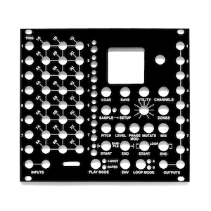 May include: Black and white image of a music sampler with knobs, buttons, and a display screen. The sampler has labels for "TRIG", "SAMPLE", "SETUP", "LOAD", "SAVE", "UTILITY", "CHANNELS", "ZONES", "PITCH", "LEVEL", "PHASE MOD", "MUTATE", "MIX", "LOOP", "START", "END", "1-SHOT GATED", "ENV", "LOOP MODE", "INPUTS", "OUTPUTS", and "PLAY MODE".