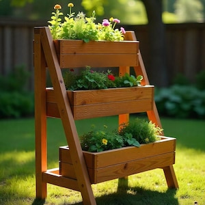 DIY-plannen voor verhoogde plantenbakken, 3 niveaus, plattegrond plantenbak, plattegronden, eenvoudig te bouwen, oppotstandaard, instant, gelaagde plantenbak.