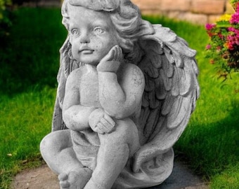 Concrete cherub angel 10" Yard angel sculpture, Angel memorial statue, Thinking angel, Sitting cherub figure, Garden angel art