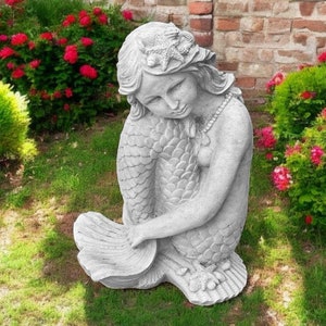 Sitting mermaid girl 13&quot; Concrete sea mermaid, Outdoor girl sculpture, Mermaid lover gift, Small girl on shell, Sea style figure