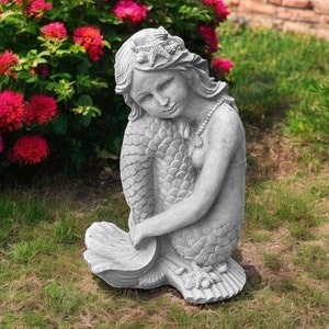 Stone mermaid girl 13&quot; Mermaid sitting on shell, Outdoor girl statue, Sea mermaid sculpture, Concrete sea decoration, Mermaid figurine