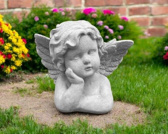 Garden angel bust statue 8" Lawn religious art, Cherub outdoor idea, Yard religious ornament, Stone angel decoration, Concrete cherub style