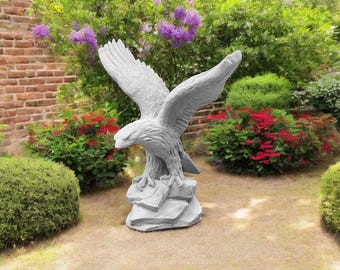 Concrete Eagle on flight sculpture  13&quot; Outdoor eagle on rock statue, Stone wild bird figure, Cement figurine for backyard or patio