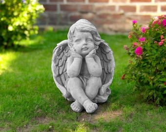 Garden sitting angel 11" Lawn cherub figure, Religious concrete statue, Outdoor cherub art, Little angel sculpture, Yard religious decor