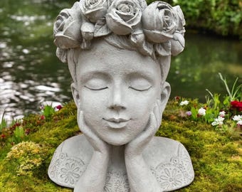 Lady bust 11" Concrete flower pot, Garden planter, Woman bust statue, Stone plant pot, Lady figurine, Small planter, Outdoor sculpture