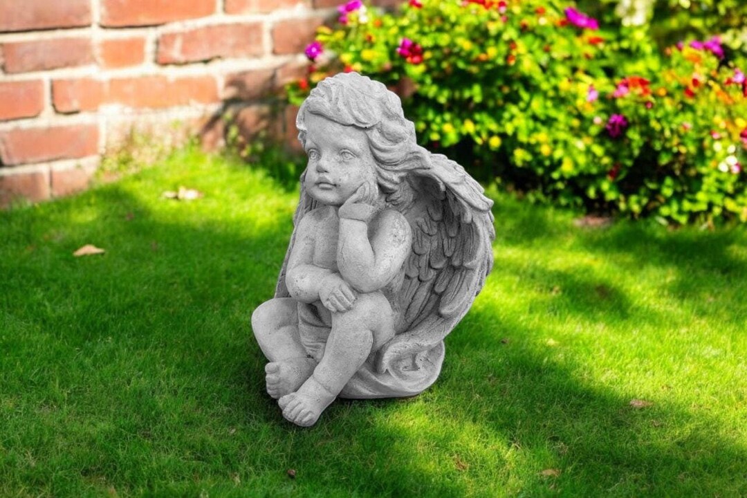 Cherub Angel Statue 10" Sitting Baby Angel, Stone Memorial Angel ...