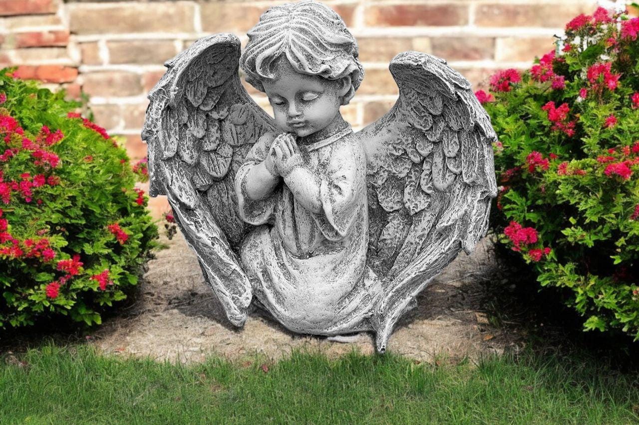Cement Kneeling Cherub Sculpture 10" Concrete Religious Angel Statue ...