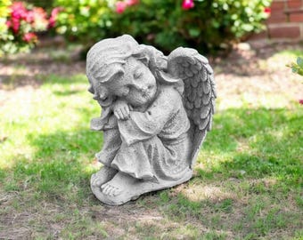 Concrete sitting angel 6" Angel sculpture, Sitting cherub figure, Angel garden ornament, Stone cherub decoration, Angel yard art