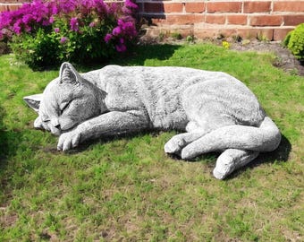 Realistic laying cat contented figurine 4&quot; Concrete cat figure, Cement yard pet decoraation statue, Sleeping pet grave marker sculpture