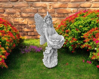 Outdoor pixie figure 31" Lawn fairy decoration, Concrete fantasy art, Garden girl ornament, Stone fantastic sculpture, Pixie backyard idea