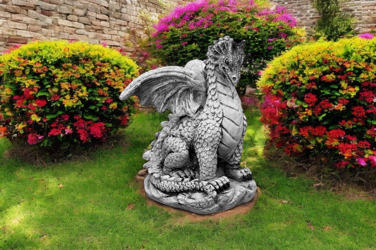 Cement dragon figure 9" Concrete sitting dragon sculpture, Chinese dragon statue, Lawn ornament, Garden decoration, Outdoor dragon figurine