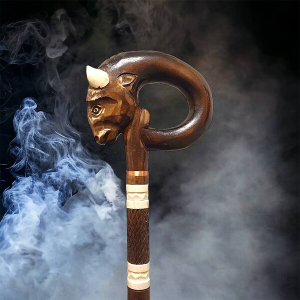 Bizon Cane Wood Carved Walking Sticks Bizon Cane Carved Handle Decorative and Functional Wood Cane Bizon Walking Sticks Bizon Cane