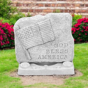 Rock God Bless America figure 9&quot; Stone veteran rock memorial, Outdoor cement decoration, Concrete ornaments sculpture, Solid grave marker