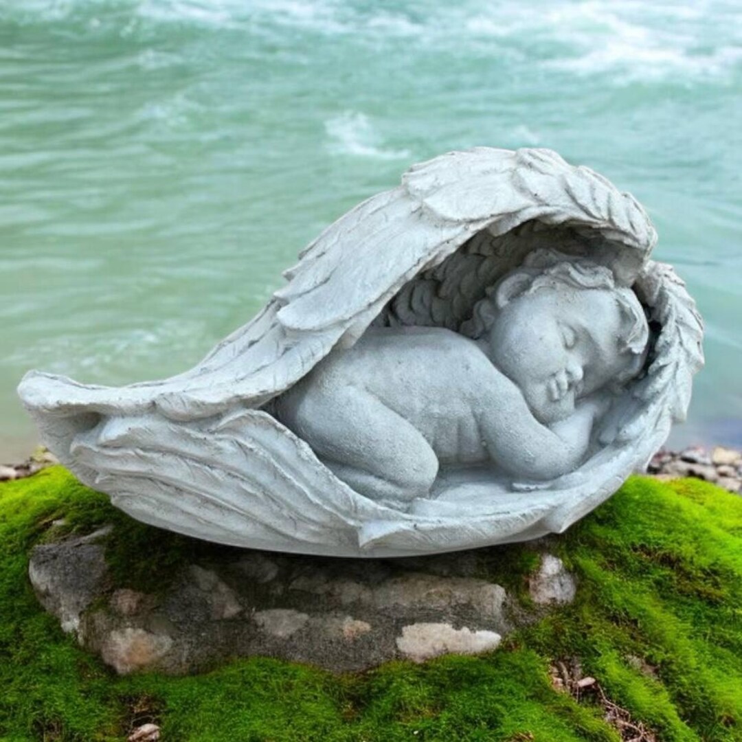 Sleeping Cherub Figure 7" Stone Angel, Small Angel in Wings, Religious ...