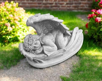 Sleeping angel girl 8" Cherub with big wings, Home religious art, Stone angel girl, Religious concrete decoration, Outside cherub art