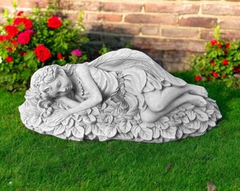 Sleeping pixie girl, Concrete pixie sculpture, Pixie sleeps on leaves, Fairy outdoor ornament, Girl decor, Pixie yard statue