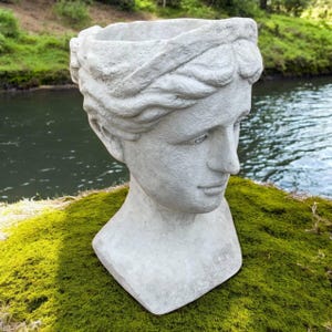 Stone woman bust 14&quot; Garden planter, Woman head flower pot, Outdoor decoration, Pot for plants, Bust plant pot, Woman sculpture