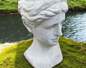 Stone woman bust 14" Garden planter, Woman head flower pot, Outdoor decoration, Pot for plants, Bust plant pot, Woman sculpture