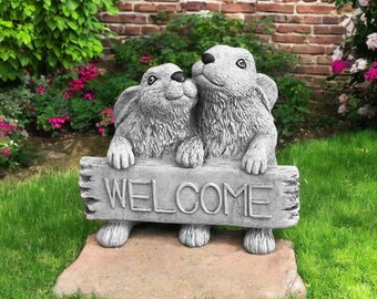 Realistic welcome rabbits sculpture 10" Concrete pair of bunny figurine, Stone animal decoration statue, Cement gift figure, Easter style