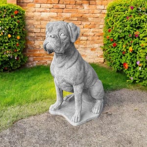 Large Boxer dog statue 20&quot; Yard sitting dog on base sculpture, Garden detailed pet memorial figure, Stone massive Boxer dog ornament