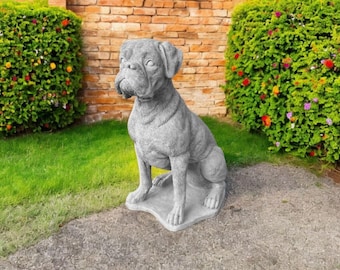 Large Boxer dog statue 20&quot; Yard sitting dog on base sculpture, Garden detailed pet memorial figure, Stone massive Boxer dog ornament