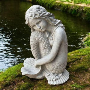 Mermaid girl statue 13&quot; Concrete sculpture, Sitting mermaid, Sea home decor, Mermaid figurine, Stone mermaid, Pond decoration