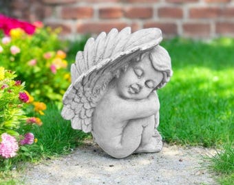 Concrete sitting angel 7" Yard religious idea, Cherub stone decoration, Yard angel boy, Cherub with wings, Detailed angel figure