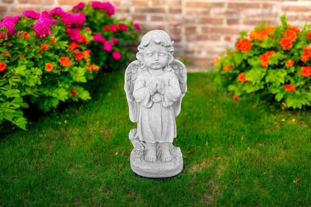 Stone Cherub Figure 17" Garden Angel Ornament, Yard Religious Art, Lawn ...