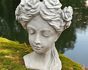 Stone planter 14" Girl sculpture, Concrete flower pot, Garden decor, Bust plant pot, Yard art, Girl flowers head, Girl bust figure