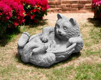 Stone kitten bowl statue 7" Concrete laying cat plate figure, Cement bird bath sculpture, Pet memorial bowl figurine, Backyard decoration