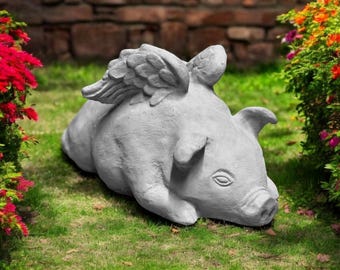 Laying pig with wings statue 6" Concrete farm pig figure, Farmhouse style, Garden decoration, Farm animal figurine, Pet memorial sculpture