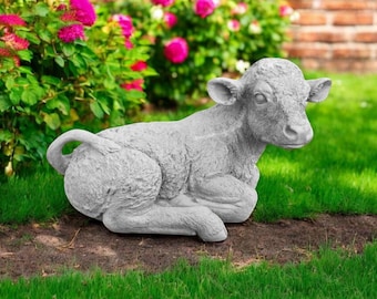 Stone cow sculpture 11" Laying cow, Animal garden decoration, Cow decor, Concrete cow statue, Outside ornament, Animal art