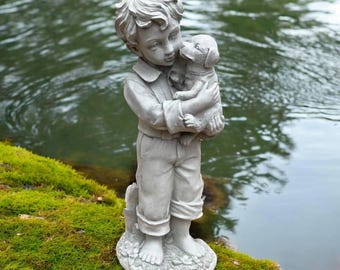 Boy with puppy 19" Concrete boy statue, Child outdoor figure, Outdoor decoration, Kids home decor, Stone boy, Dog lover gift, Puppy figurine