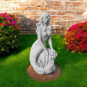 Garden mermaid figure 24&quot; Concrete sitting girl on stand statue, Nautical lawn mermaid sculpture, Cement massive gift figurine, Yard art