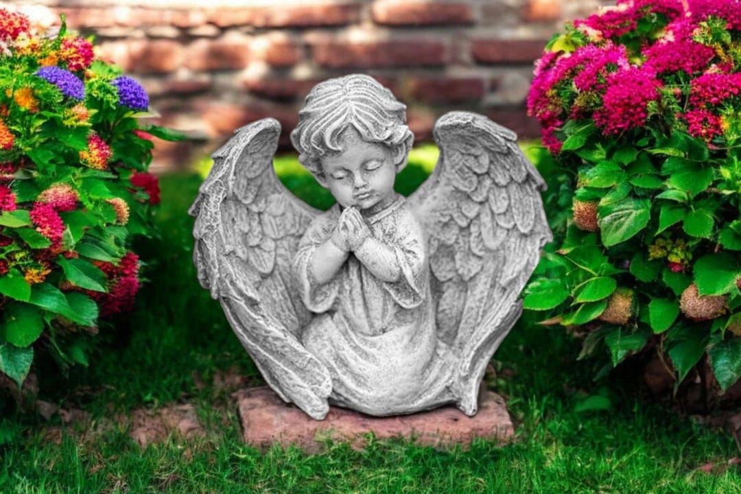Cement Kneeling Cherub Sculpture 10" Concrete Religious Angel Statue ...