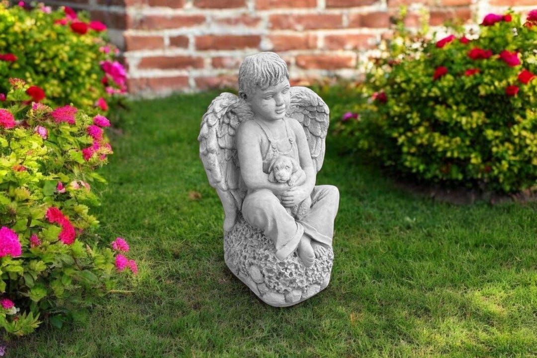 Stone Boy Angel Figure 15" Lawn Religious Ornament, Yard Cherub Idea ...