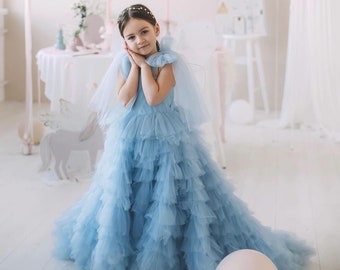 Robe de demoiselle d'honneur bleu clair, robe de demoiselle d'honneur en tulle, robe de mariée pour bébé, robe de bal pour tout-petit. Robe de demoiselle d'honneur junior, robe de mariée