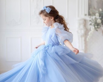 Robe de demoiselle d'honneur bleu clair, robe de demoiselle d'honneur en tulle, robe de mariée pour bébé, robe de bal pour tout-petit. Robe de demoiselle d'honneur junior, robe de mariée