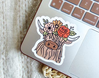 Highland Cow Sticker - Cute Cow Sticker - Flower Highland Cow Sticker - Cow Stickers For Kids - Laptop Sticker - Animal Sticker