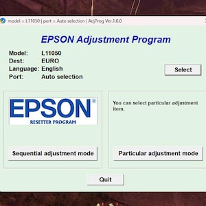 Könnte beinhalten: Ein Screenshot der Epson Adjustment Program-Oberfläche. Der Titel des Programms ist blau, mit Optionen für Modell, Ziel, Sprache und Port. Zu den Schaltflächen gehören "Select", "Sequential adjustment mode", "Particular adjustment mode" und "Quit". Das Epson-Logo ist ebenfalls sichtbar.