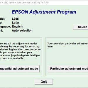 Op de afbeelding: Een computerscherm met het Epson-aanpassingsprogramma voor het model L395. Het programma biedt twee aanpassingsmodi: sequentieel en specifiek. Het scherm toont ook de instellingen voor model, bestemming, taal en poort.